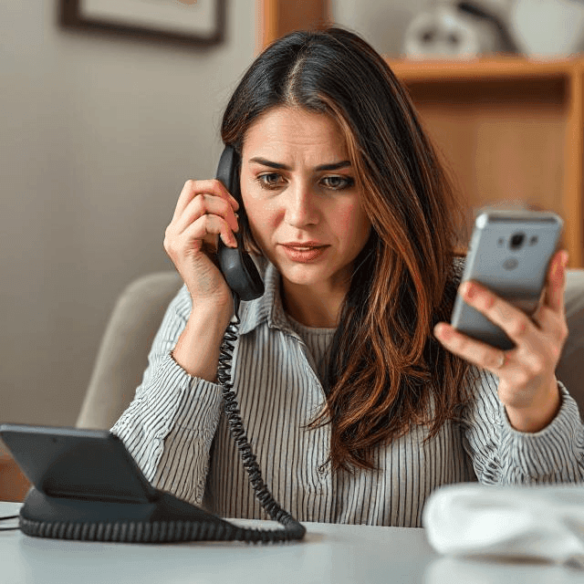 woman 2 phones office