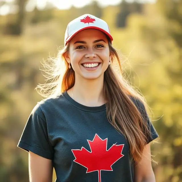 young woman canada dark t-shirt cap